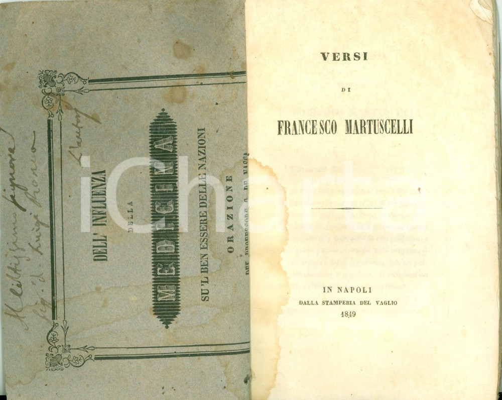 Libro, pubblicazione d epoca 1849 Francesco MARTUSCELLI Versi AUTOGRAFO medico Giuseppe DE NASCA vOLUME 1