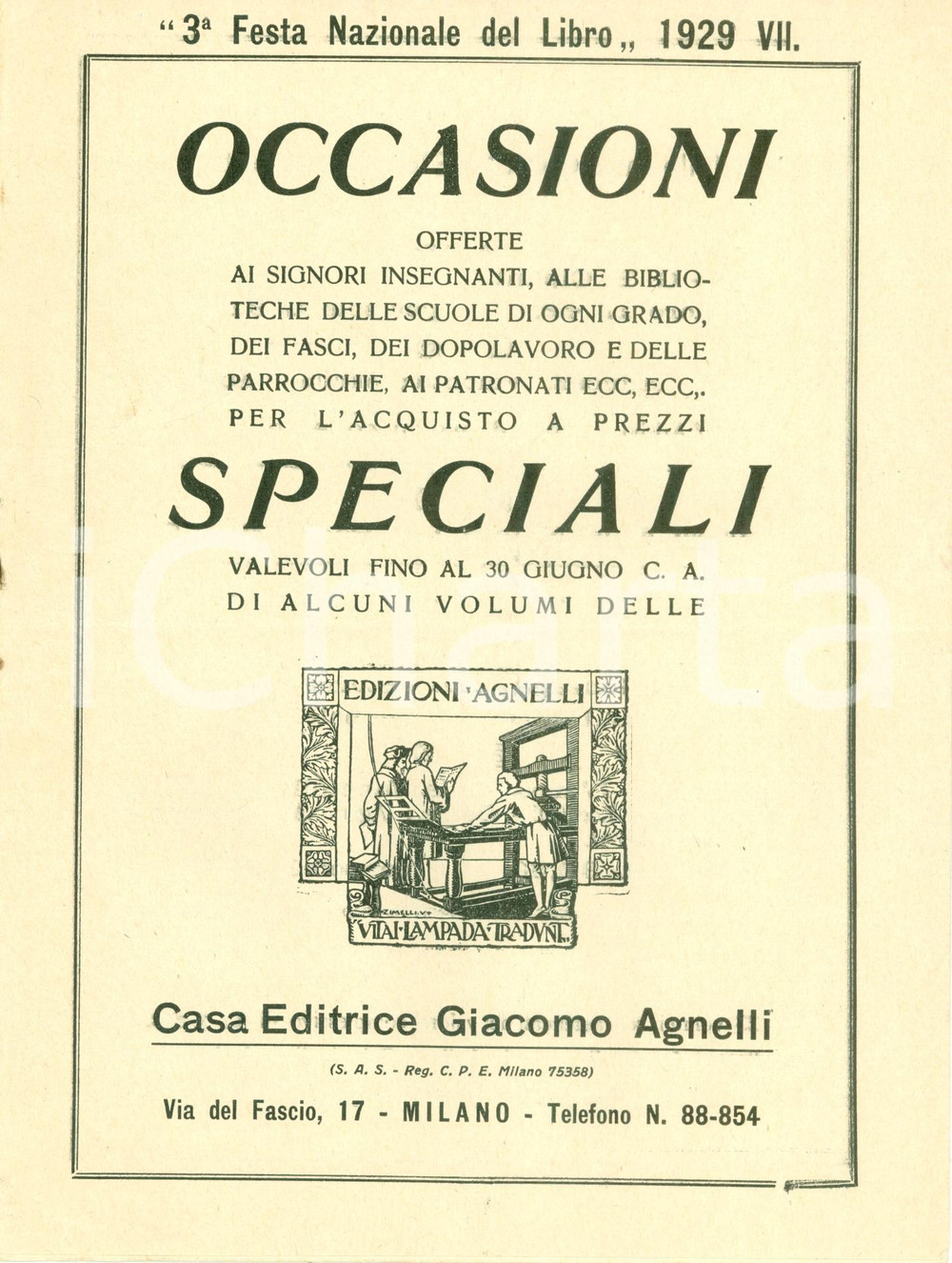 Libro, pubblicazione d epoca 1929 MILANO Casa Editrice Giacomo AGNELLI 3° Festa Nazionale Libro Catalogo 1
