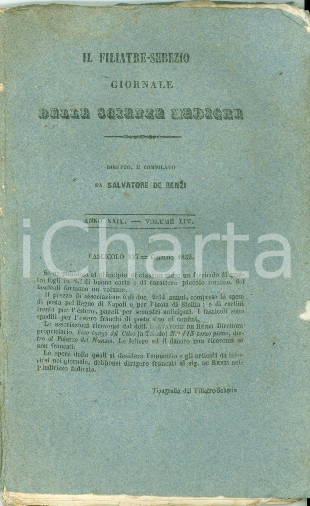 Libro, pubblicazione d epoca 1859 Salvatore DE RENZI Il FiliatreSebezio Ulcere vie respiratorie 1