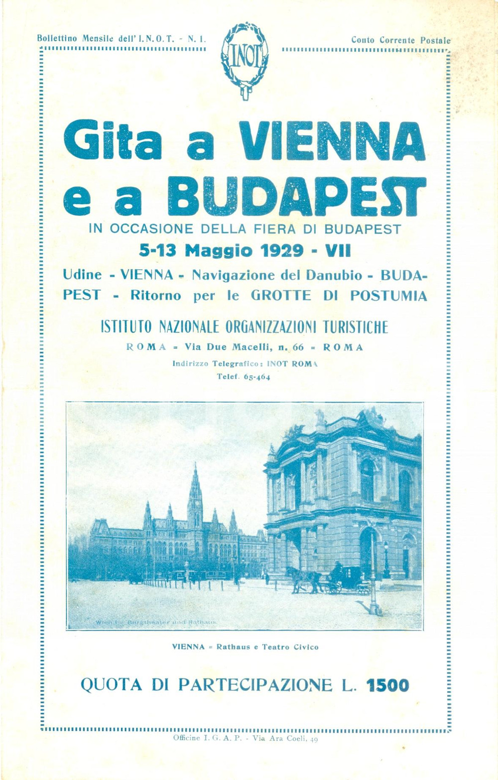 Materiale pubblicitario d’epoca 1929 ROMA I.N.O.T. Gita a VIENNA e a BUDAPEST Programma ILLUSTRATO 1