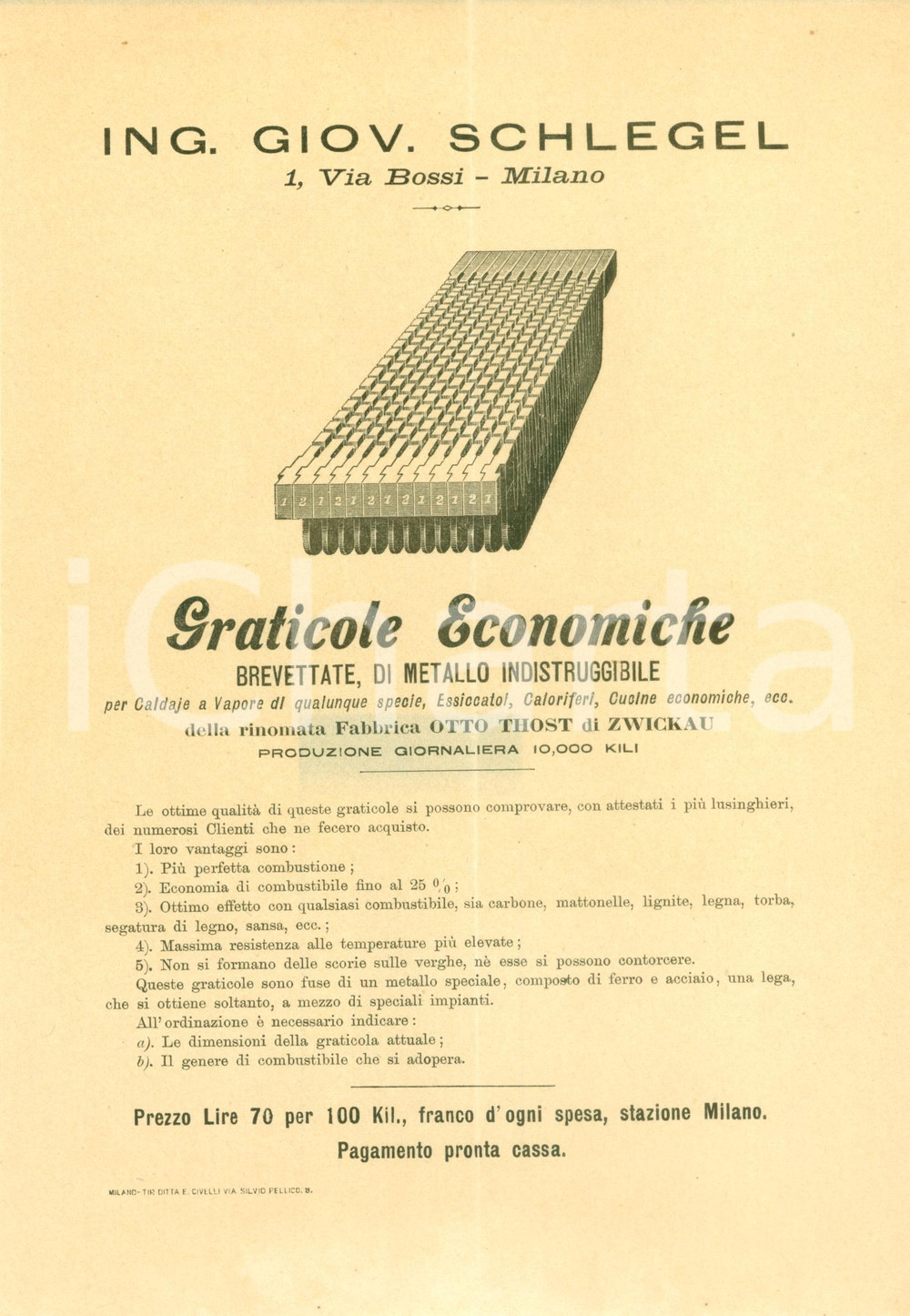 Materiale pubblicitario d’epoca 1900 ca MILANO Ing. Giovanni SCHLEGEL Graticole Otto THOST Volantino ILLUSTRATO 1