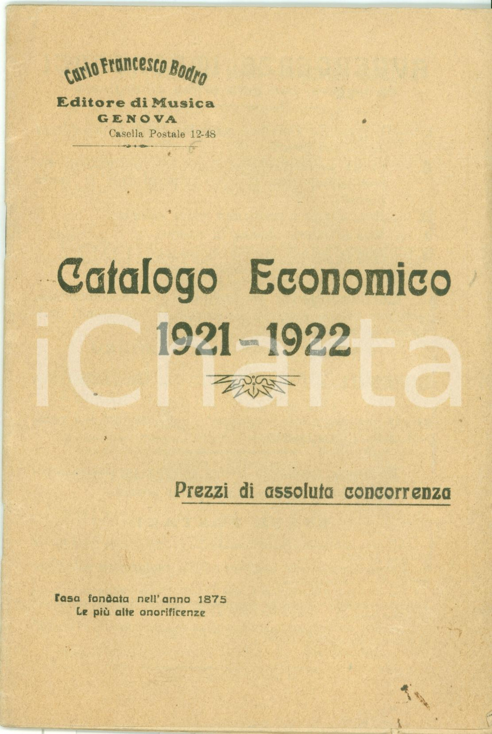 Libro, pubblicazione d epoca 1921 GENOVA Carlo Francesco BODRO editore musicale catalogo economico 1