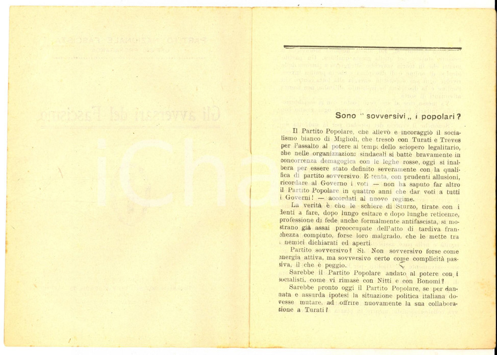 Documento originale, autentico 1924 PARTITO NAZIONALE FASCISTA Gli avversari del Fascismo Propaganda RARO 1