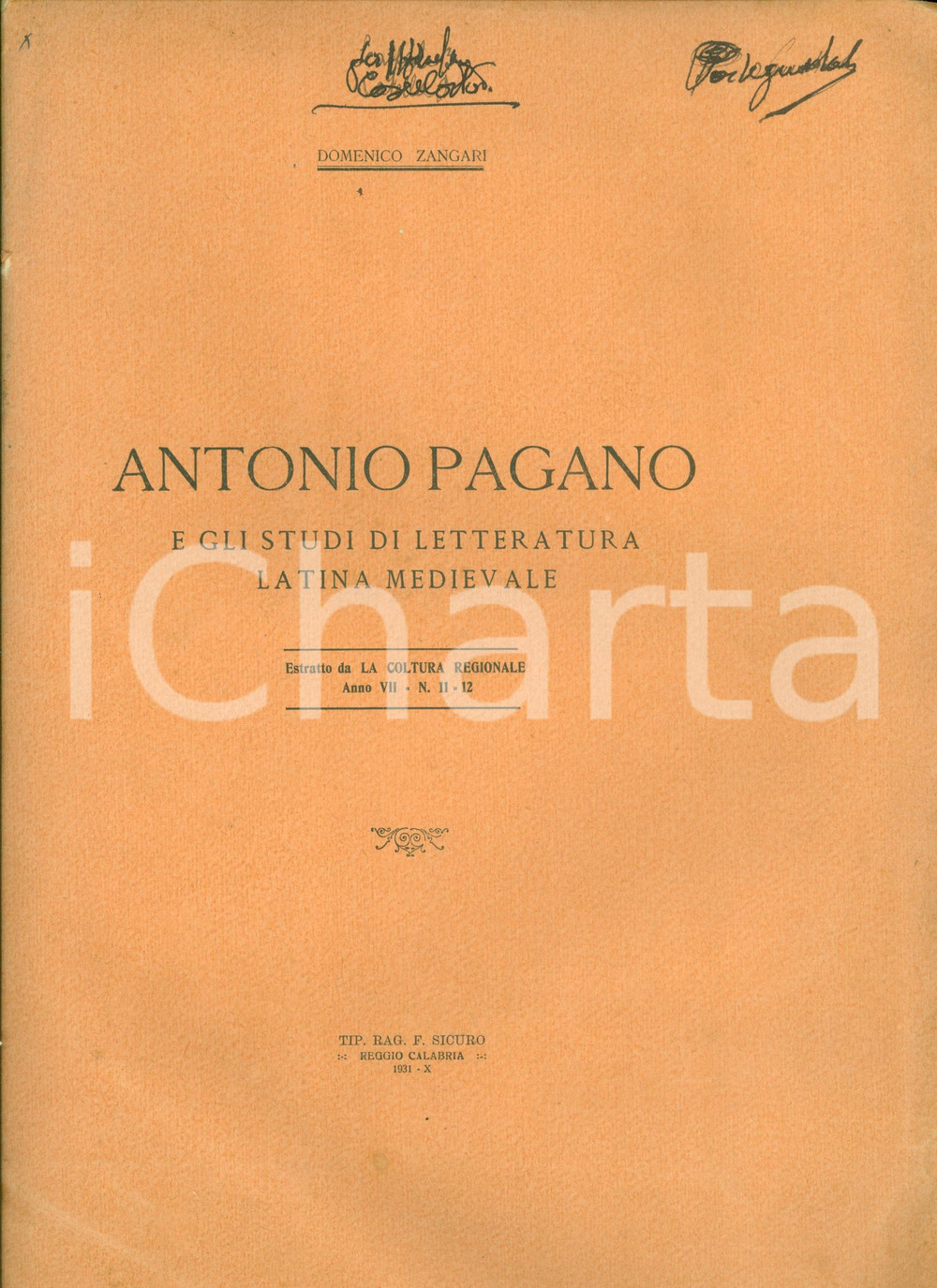 Libro, pubblicazione d epoca 1931 Domenico ZANGARI Antonio PAGANO studi letteratura latina medievale 1
