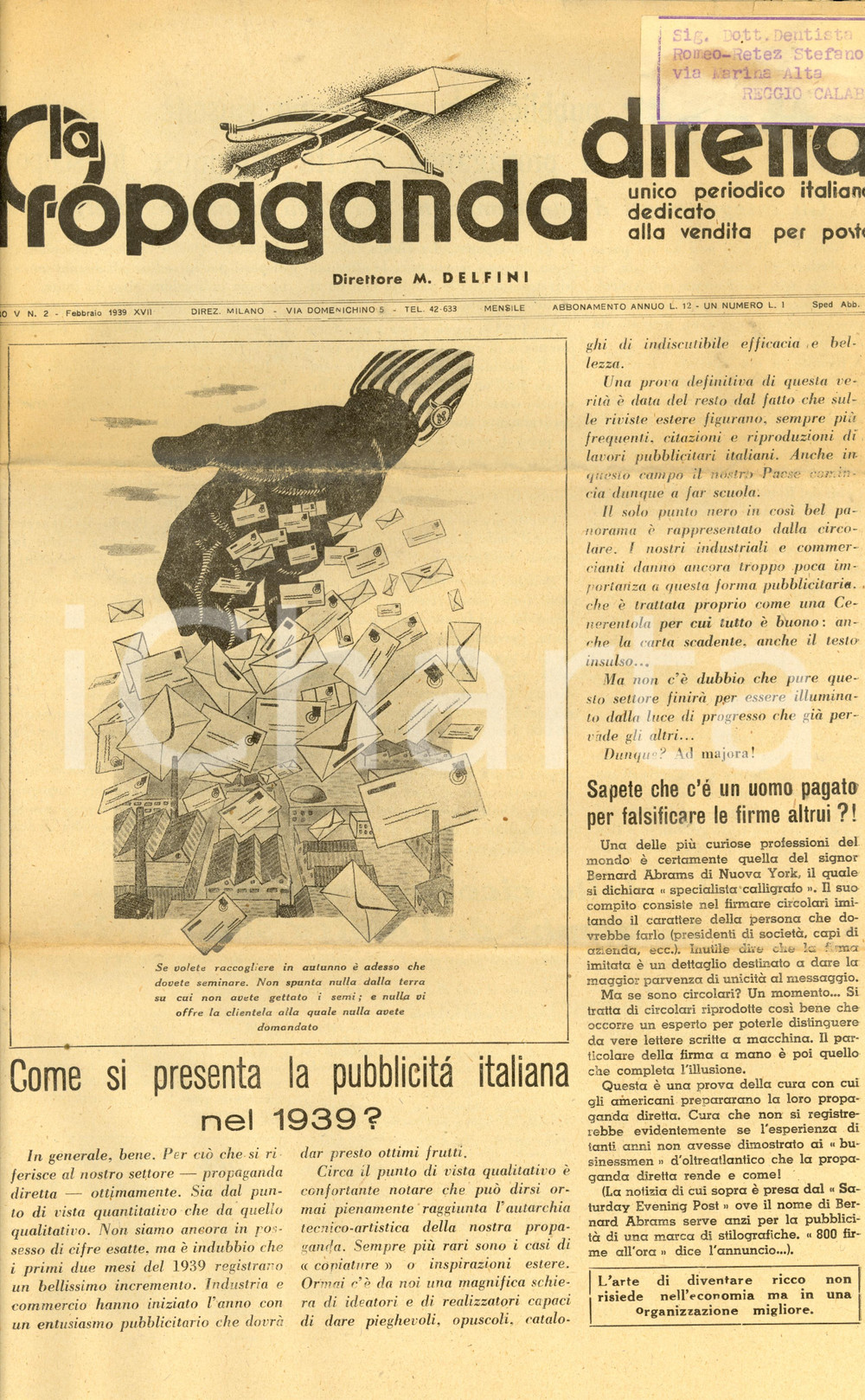 Giornale, rivista storica 1939 LA PROPAGANDA DIRETTA PubblicitÃ  autarchica vendita per posta Rivista 1