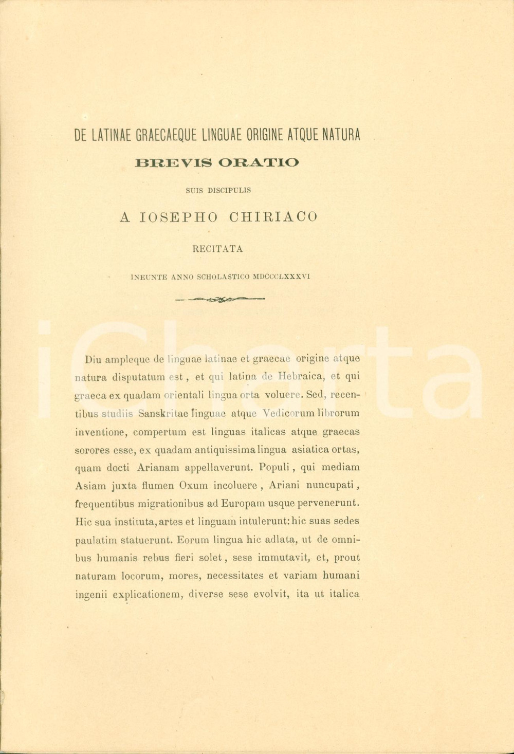 Libro, pubblicazione d epoca 1886 Giuseppe CHIRIACO De Latinae Graecaeque origine natura TIRTEO CALLINO 1