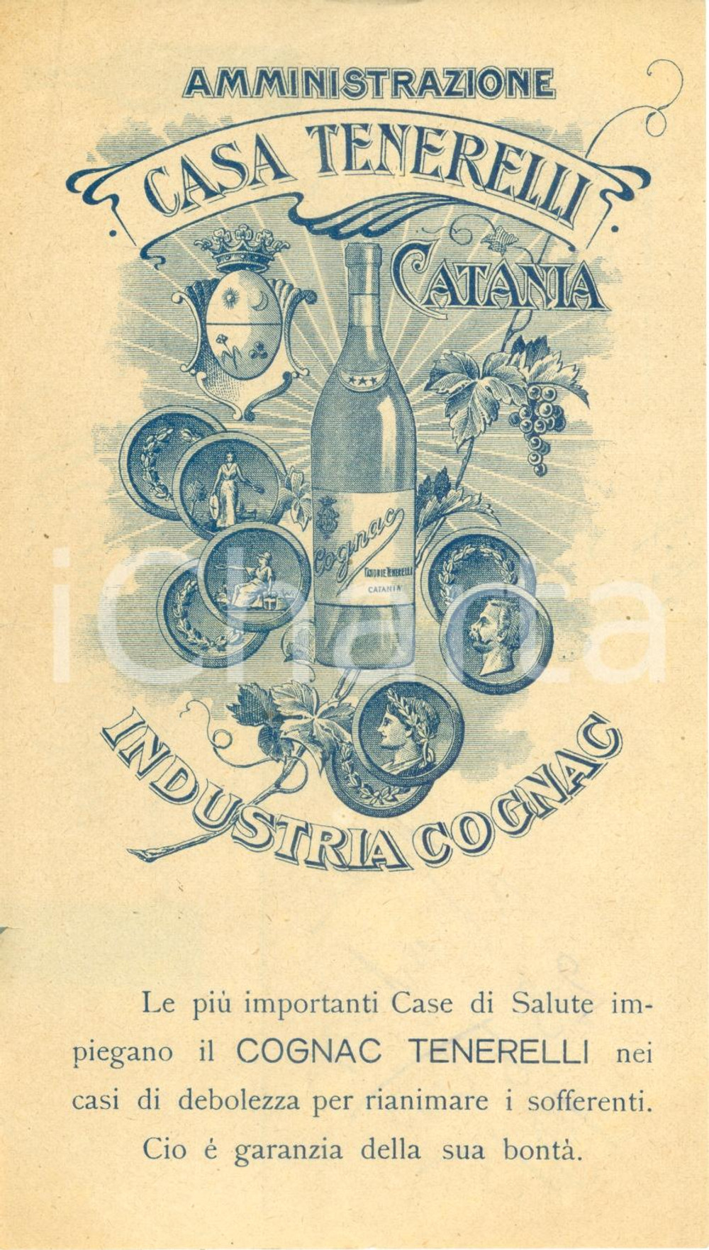 Materiale pubblicitario d’epoca 1915 CATANIA Amministrazione Casa TENERELLI Industria cognac ILLUSTRATO 1