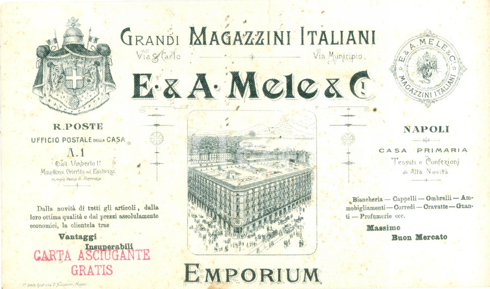 Documento originale, autentico 1900 ca NAPOLI Emiddio & Alfonso MELE Grandi magazzini EMPORIUM Carta assorbente 1