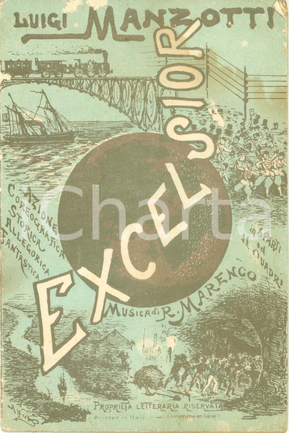 Oggetto da collezione cartaceo 1890 ca Luigi MANZOTTI Excelsior Illustr Alfredo EDEL Musica azione coreografica 1