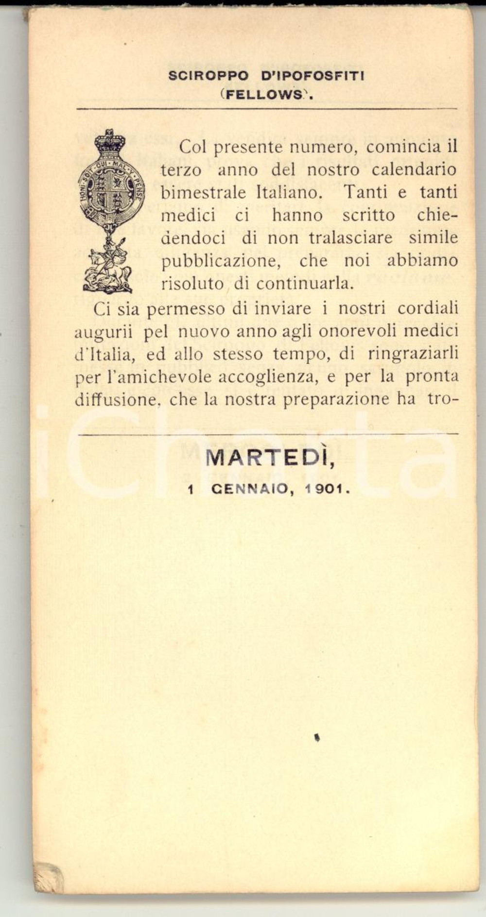 Materiale pubblicitario d’epoca 1901 Sciroppo ipofosfiti FELLOWS Blocco per appunti e calendario Pubblicitario 1