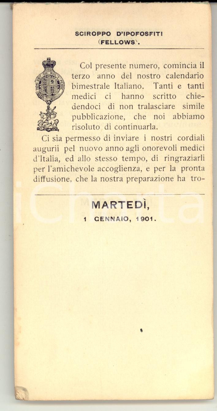 Materiale pubblicitario d’epoca 1901 Sciroppo ipofosfiti FELLOWS Blocco per appunti e calendario Pubblicitario 1