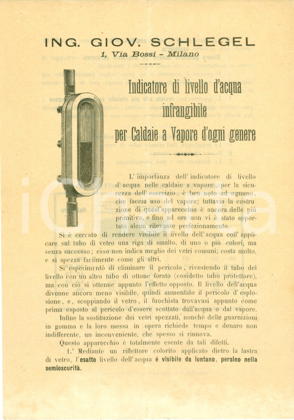 Materiale pubblicitario d’epoca 1900 ca MILANO Ing. Giovanni SCHLEGEL Indicatore acqua caldaie vapore ILLUSTRATO 1