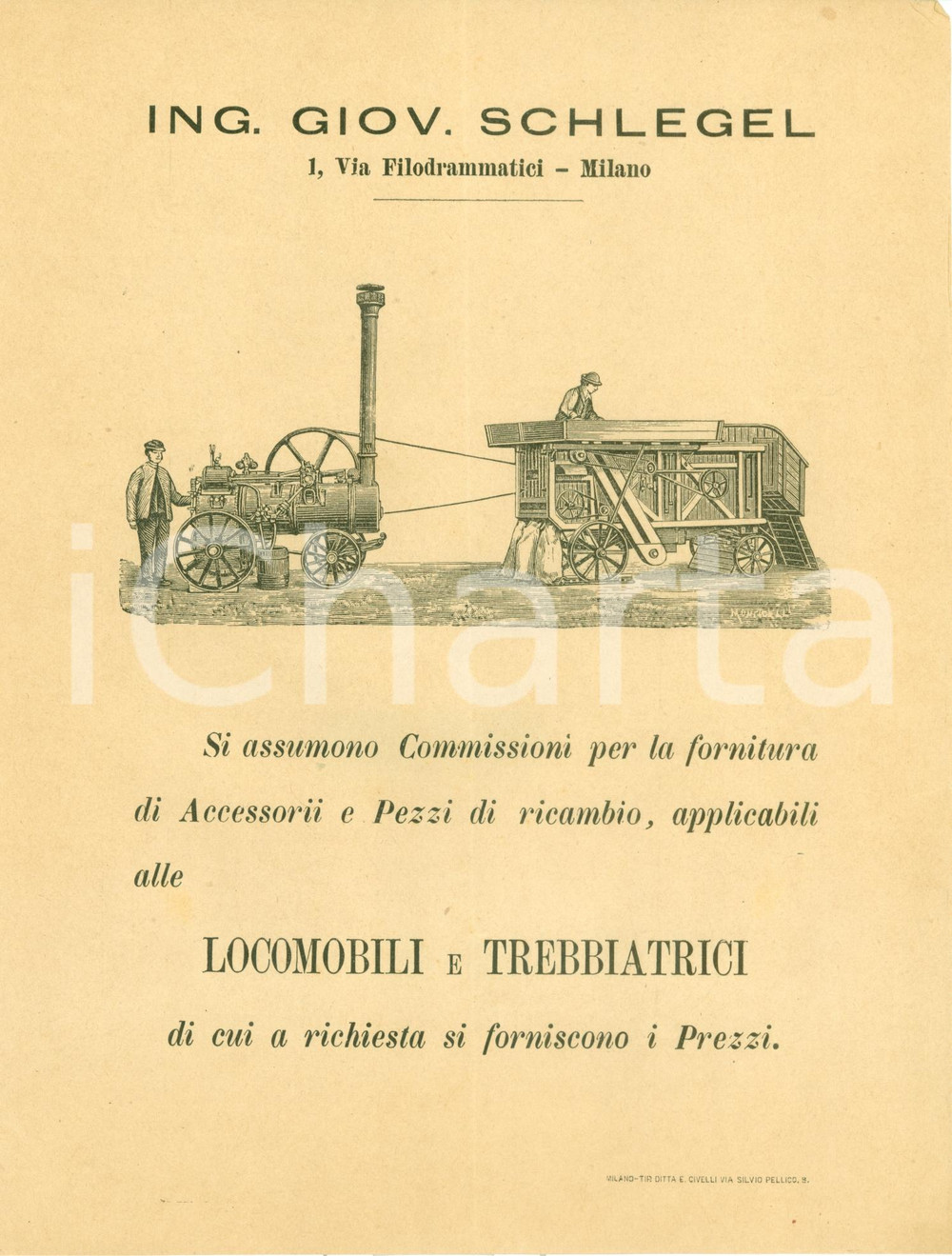 Documento originale, autentico 1880 ca MILANO Ing. Giovanni SCHLEGEL Locomobili trebbiatrici ILLUSTRATO 1
