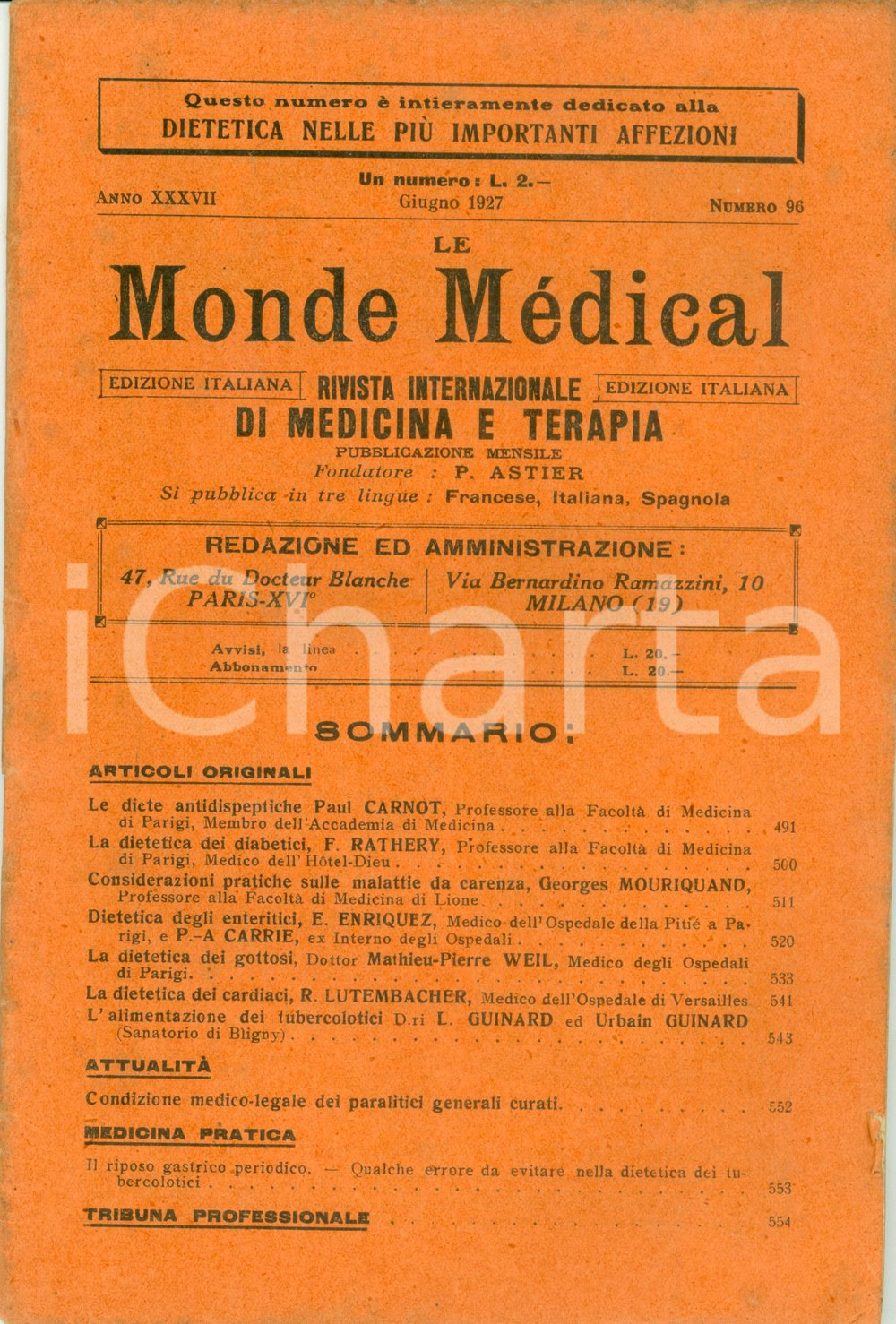 Libro, pubblicazione d epoca 1927 MONDE MEDICAL Paul CARNOT Diete antidispeptiche con DUE TAVOLE 1
