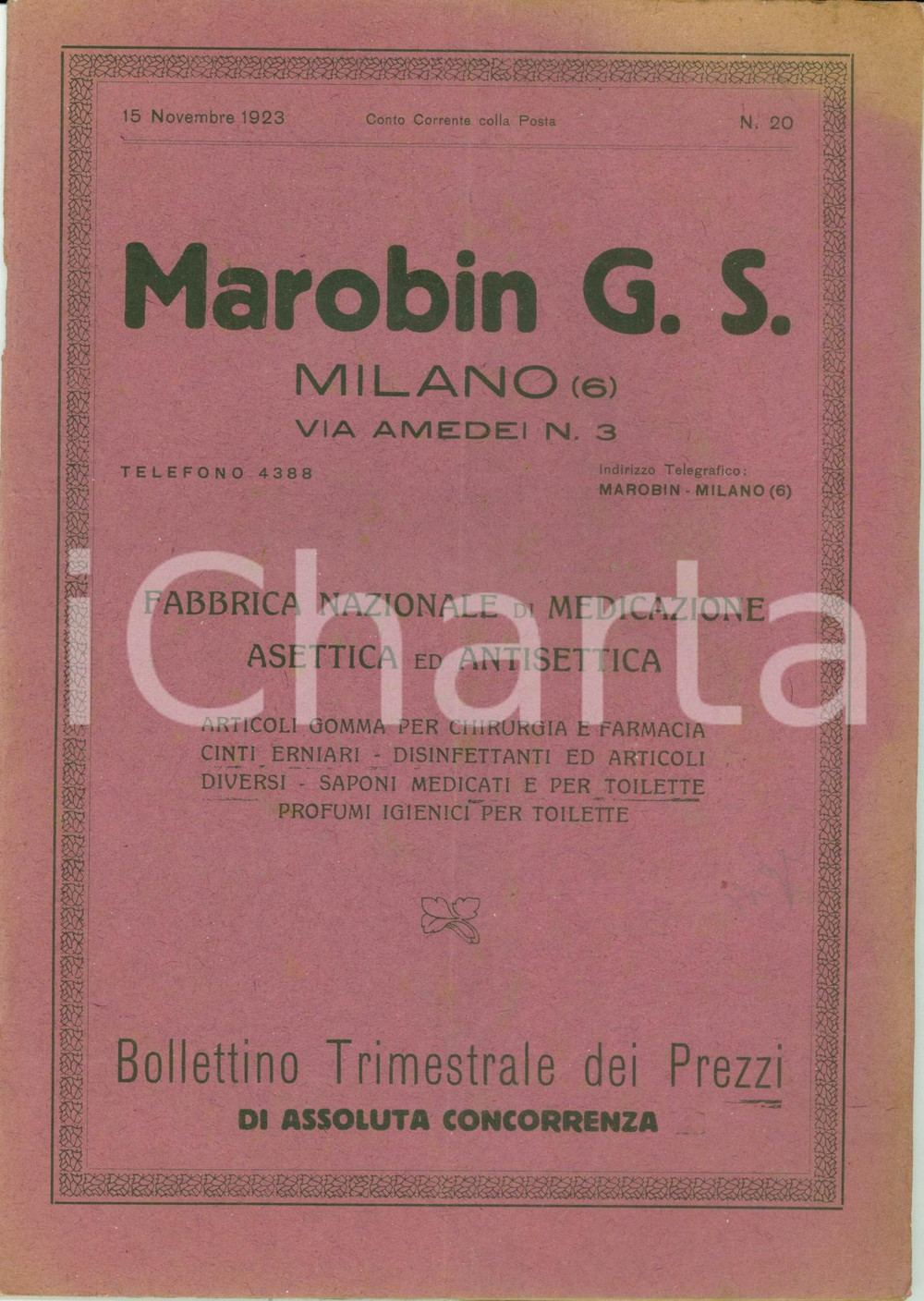 Materiale pubblicitario d’epoca 1923 MILANO Ditta MAROBIN G.S. Medicazione asettica antisettica Listino prezzi 1