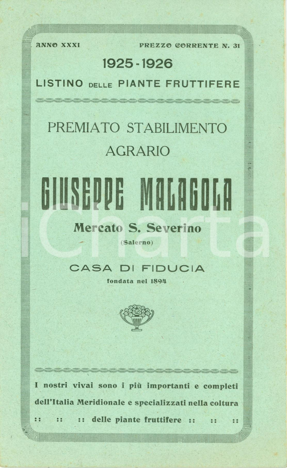 Libro, pubblicazione d epoca 1925 MERCATO SAN SEVERINO SA Stabilimento agrario Giuseppe MALAGOLA prezzi 1