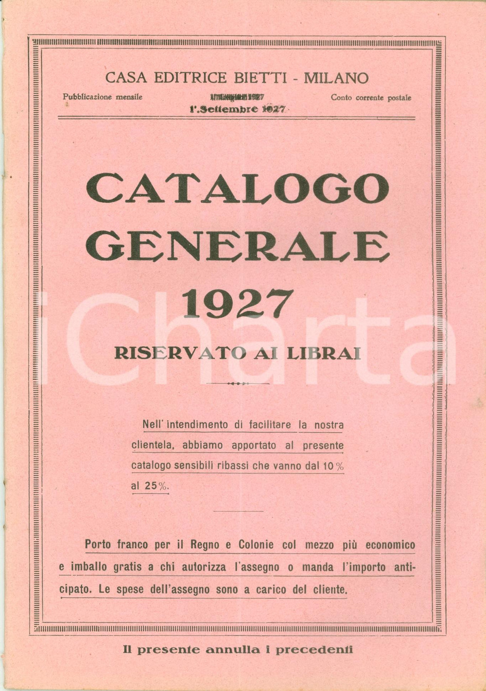 Libro, pubblicazione d epoca 1927 MILANO Casa editrice BIETTI Catalogo generale riservato ai librai 1