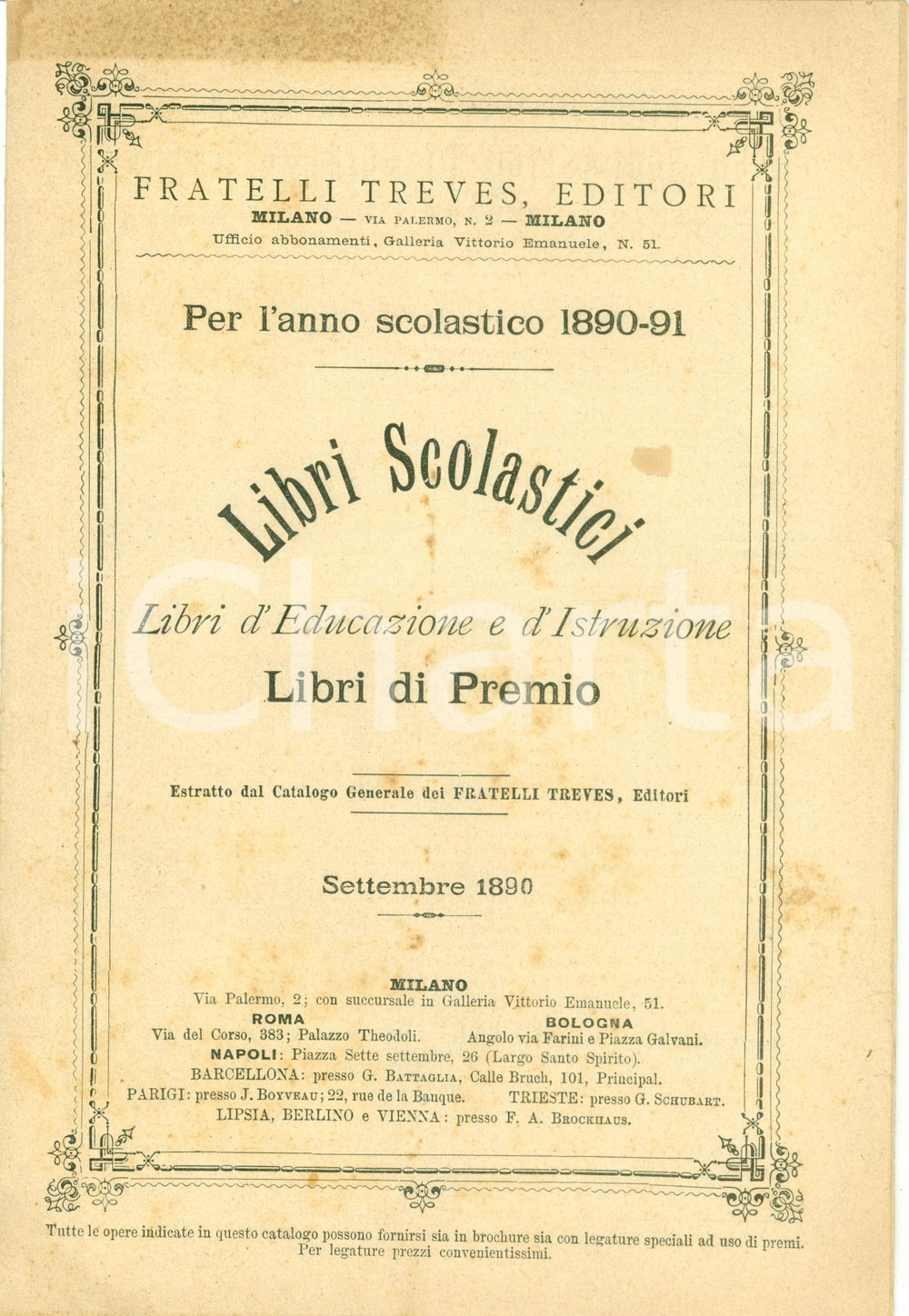 Libro, pubblicazione d epoca 1890 MILANO Fratelli TREVES Editori Libri scolastici Libri di Premio Catalogo 1