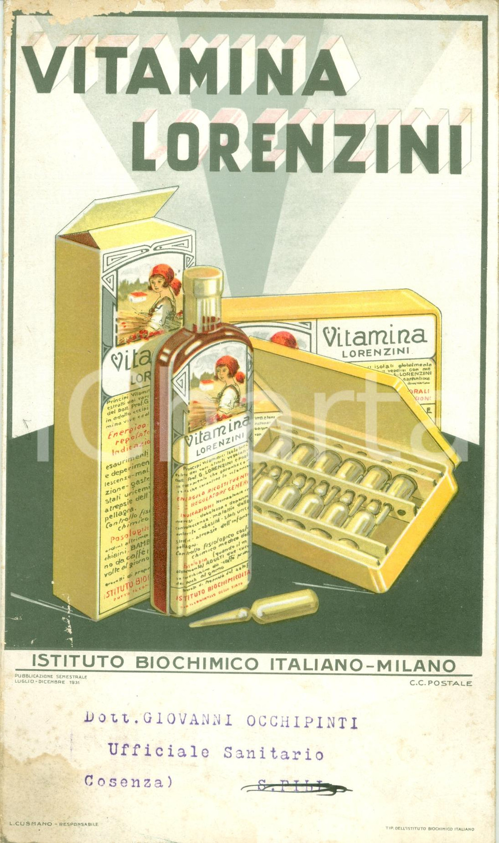 Materiale pubblicitario d’epoca 1931 MILANO Istituto Biochimico Italiano Vitamina LORENZINI Opuscolo DANNEGGIATO 1