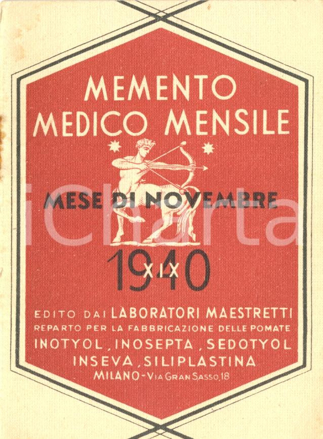 Materiale pubblicitario d’epoca 1940 MILANO Laboratori MAESTRETTI Memento medico mensile novembre ILLUSTRATO 1