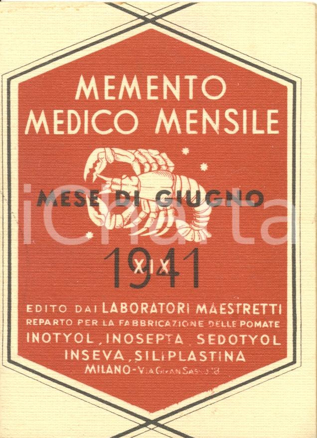 Materiale pubblicitario d’epoca 1941 MILANO Laboratori MAESTRETTI Memento medico mensile giugno ILLUSTRATO 1