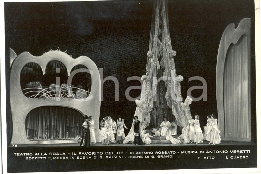 Cartolina originale da collezione 1932 MILANO Teatro alla SCALA Il favorito del re Scene Giovanni GRANDI Foto 1