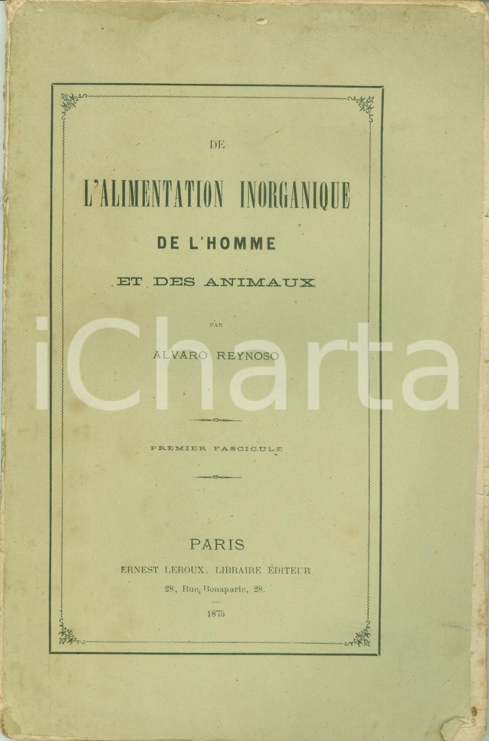 Libro, pubblicazione d epoca 1875 Alvaro REYNOSO De l alimentation inorganique homme et animaux INTONSO 1