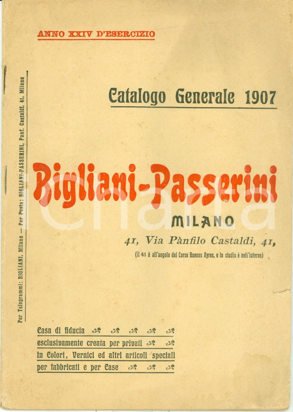 Materiale pubblicitario d’epoca 1907 MILANO Ditta BIGLIANIPASSERINI colori vernici Catalogo generale 1