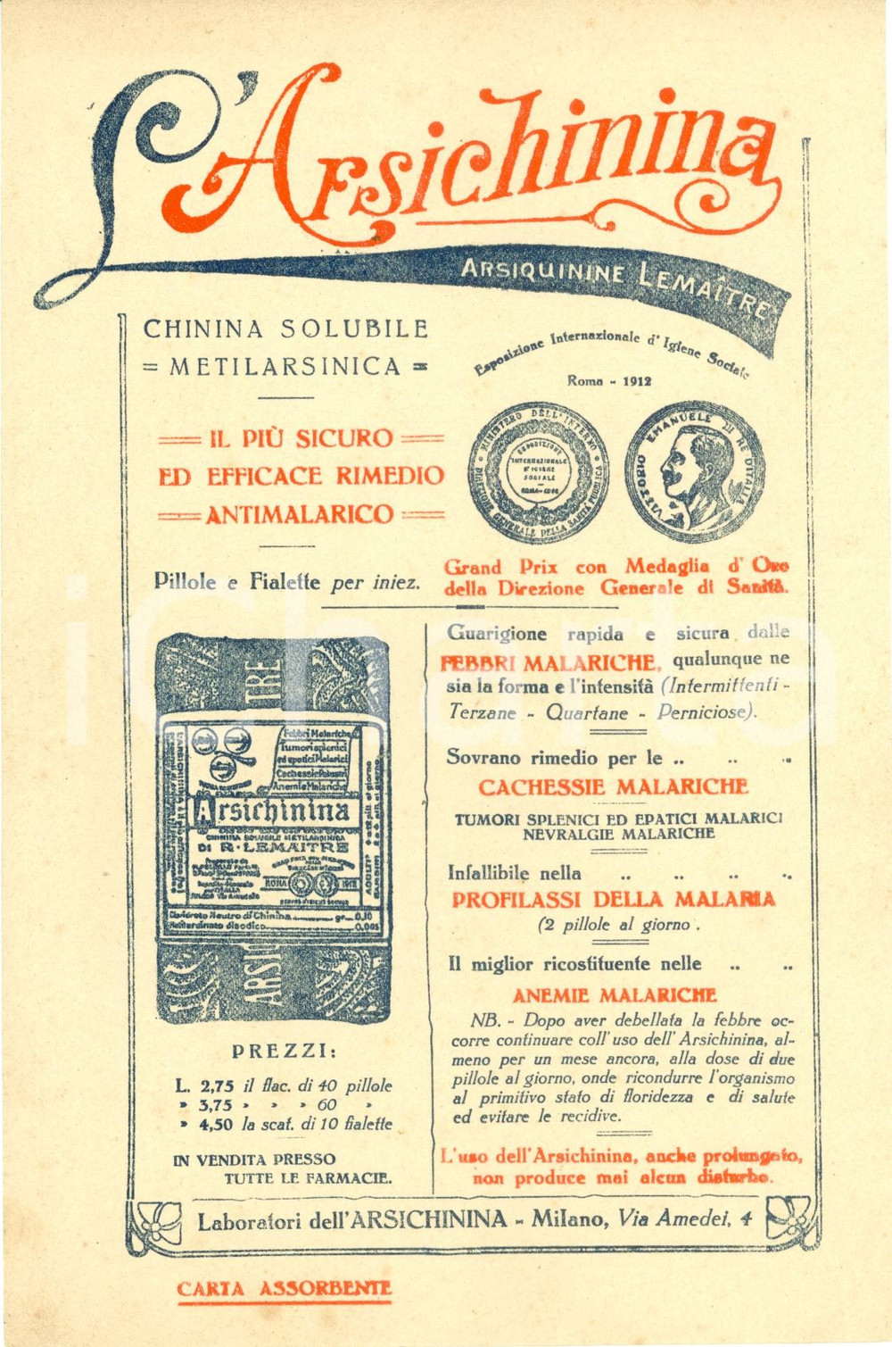 Materiale pubblicitario d’epoca 1914 MILANO Arsichinina LEMAITRE febbri malariche ILLUSTRATO carta assorbente 1