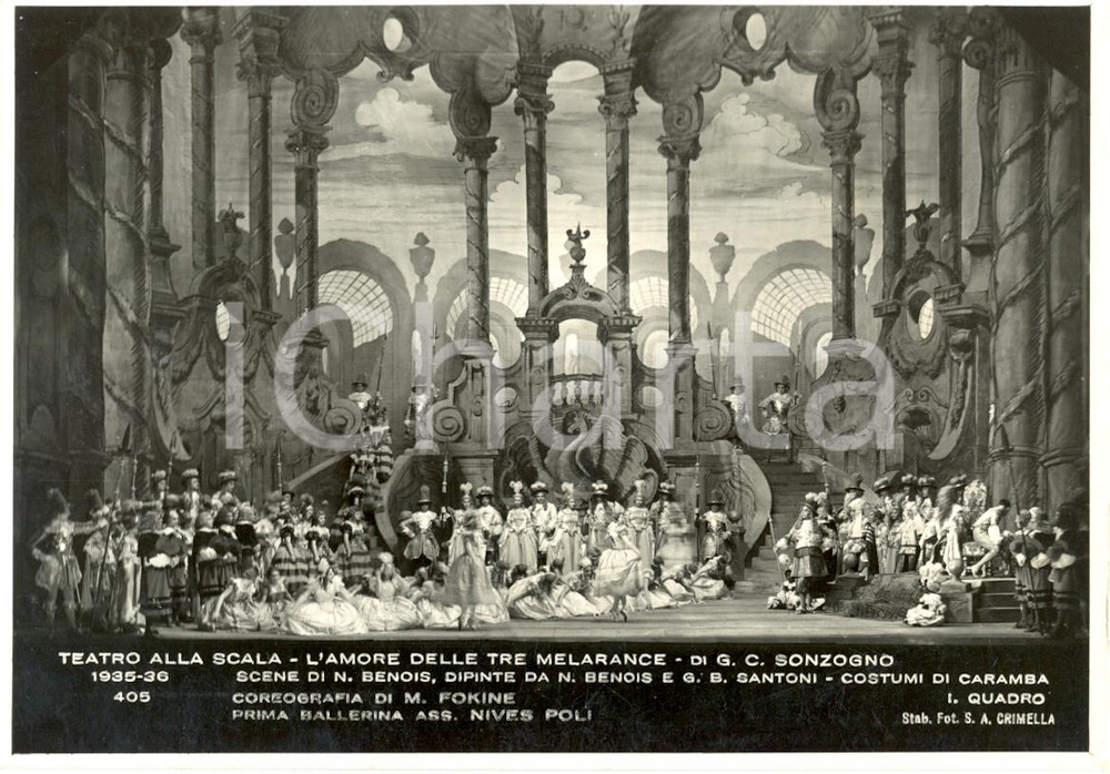 Cartolina originale da collezione 1935 MILANO Teatro alla SCALA L amore delle tre melarance Scene N. BENOIS Foto 1