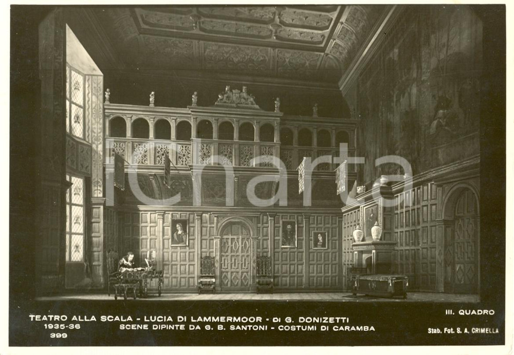 Cartolina originale da collezione 1935 MILANO Teatro alla SCALA Lucia di Lammermoor Scene Giovan B. SANTONI Foto 1