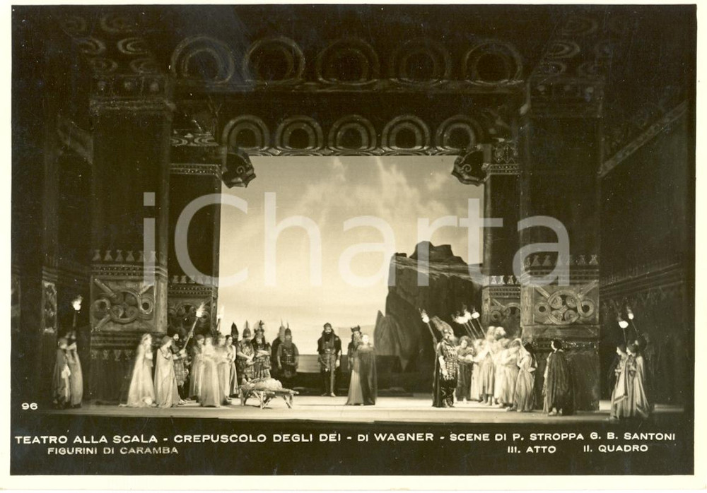 Cartolina originale da collezione 1932 MILANO Teatro alla SCALA Crepuscolo degli dei Scene STROPPA  SANTONI Foto 1