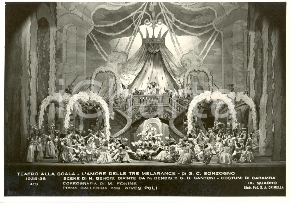 Cartolina originale da collezione 1935 MILANO Teatro alla SCALA L amore delle tre melarance Scene di BENOIS Foto 1