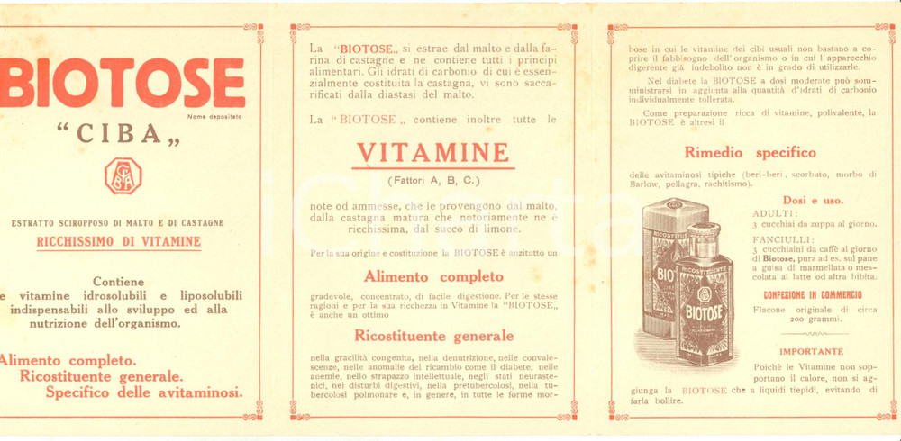 Materiale pubblicitario d’epoca 1925 MILANO Società Italiana Industria Chimica BIOTOSE CIBA Opuscolo ILLUSTRATO 1