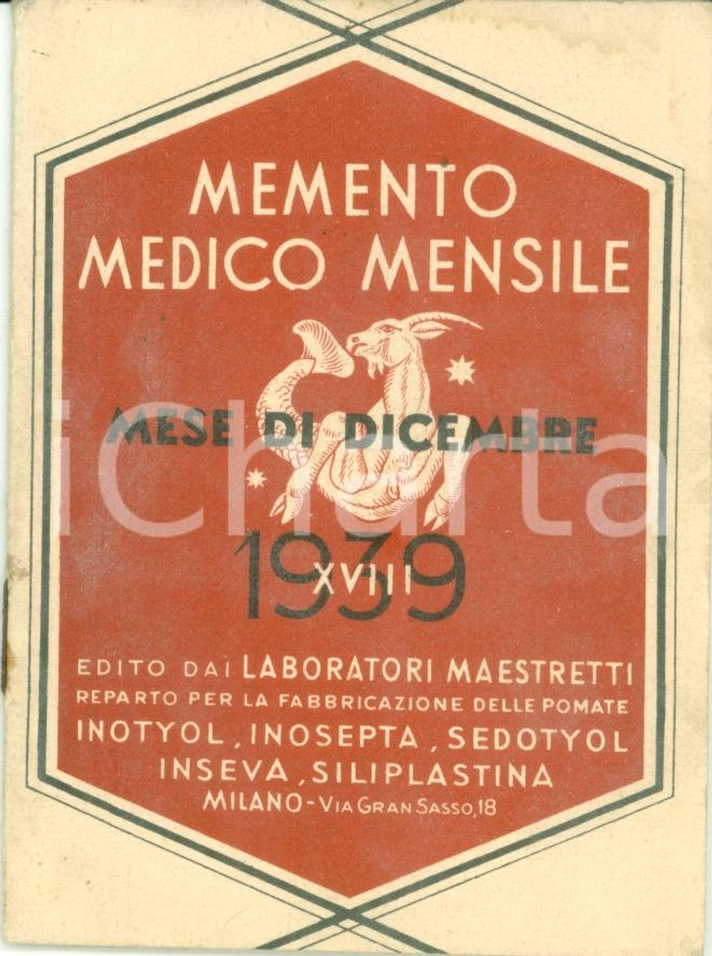 Materiale pubblicitario d’epoca 1939 MILANO Laboratori MAESTRETTI Memento medico mensile dicembre ILLUSTRATO 1