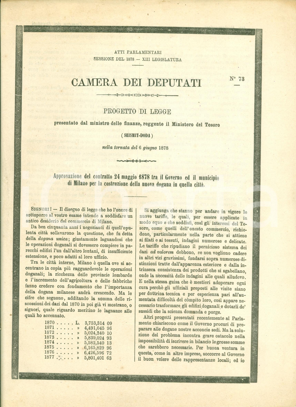 Documento originale, autentico 1878 MILANO Costruzione nuova dogana centrale legge Federico SEISMITDODA 1