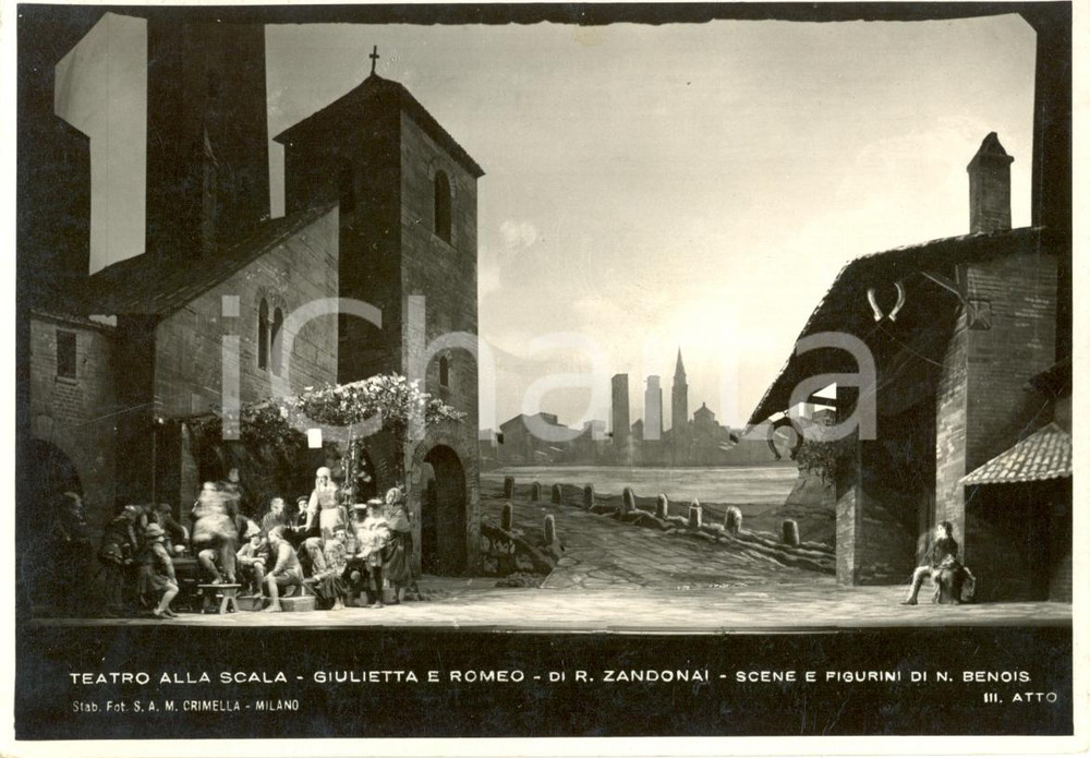 Cartolina originale da collezione 1934 MILANO Teatro alla SCALA Giulietta e Romeo Scene di Nicola BENOIS Foto 1