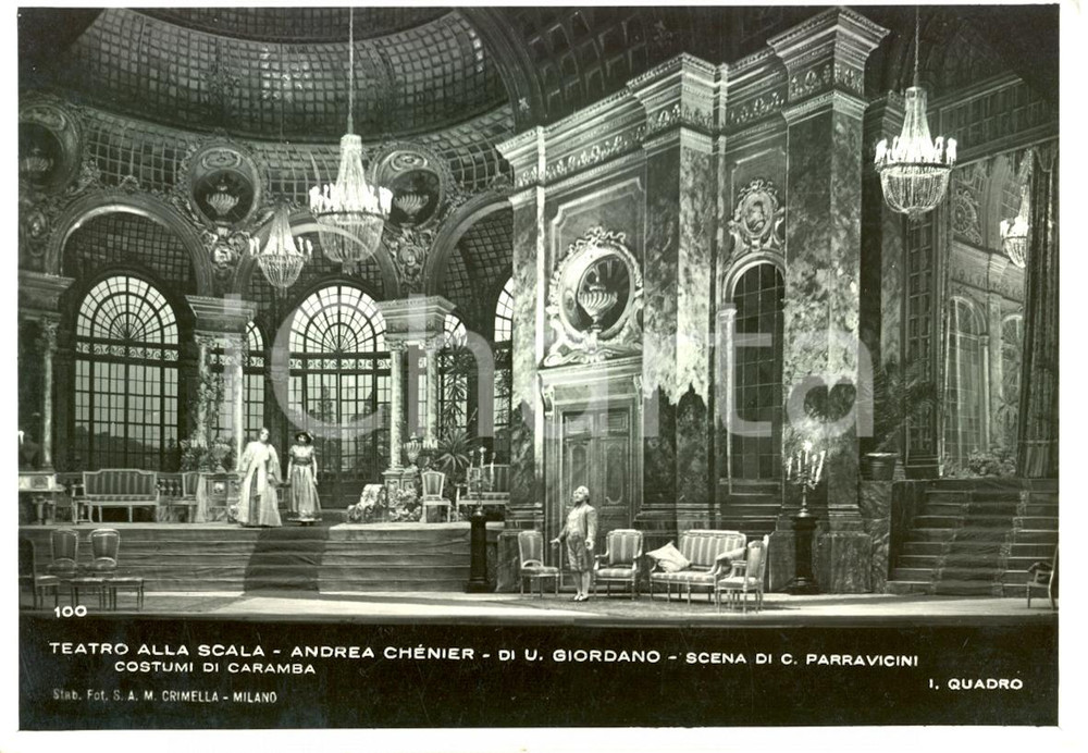 Cartolina originale da collezione 1938 MILANO Teatro alla SCALA Andrea ChÃ©nier Scene Camillo PARRAVICINI Foto 1