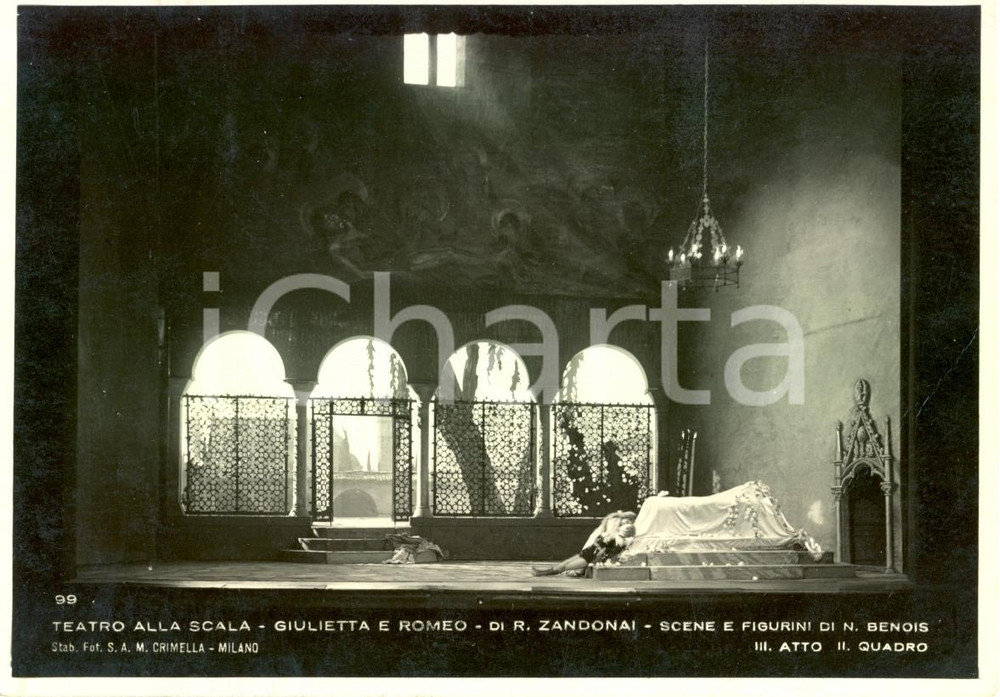 Cartolina originale da collezione 1935 MILANO Teatro alla SCALA Giulietta e Romeo Scene Nicola BENOIS Foto seriale 1