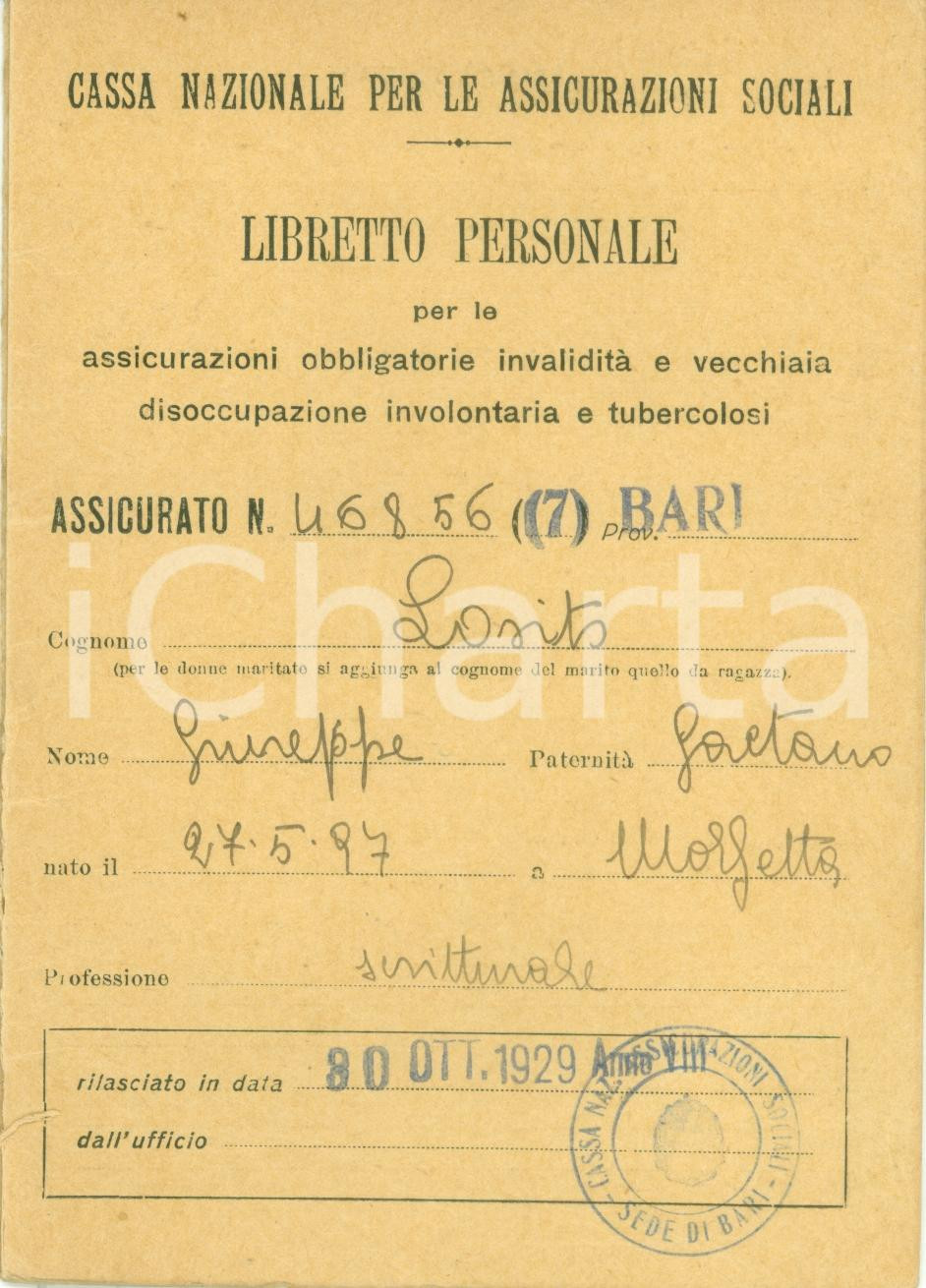 Documento originale, autentico 19291939 BARI Cassa Nazionale Assicurazioni Libretto Giuseppe LOSITO 1