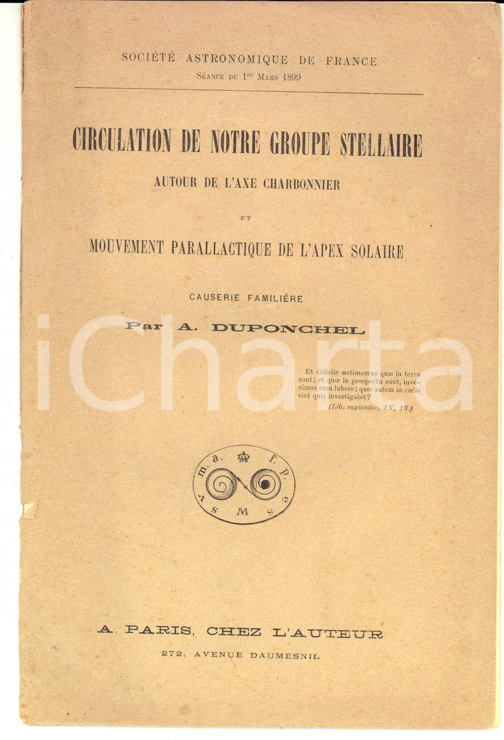 Libro, pubblicazione d epoca 1899 PARIS A. DUPONCHEL Circulation de notre groupe stellaire ASTRONOMIE 1