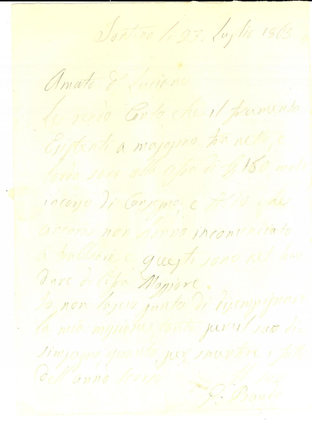 Manoscritto, lettera originale 1863 SORTINO SR Giuseppe BAUDO sulla trebbiatura del frumento Prefilatelica 1