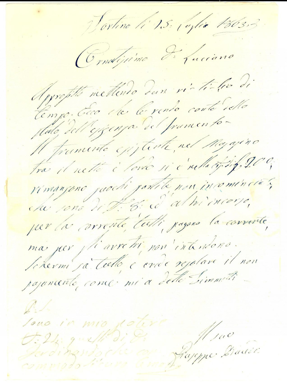 Manoscritto, lettera originale 1863 SORTINO SR Giuseppe BAUDO sull esigenza del frumento Prefilatelica 1