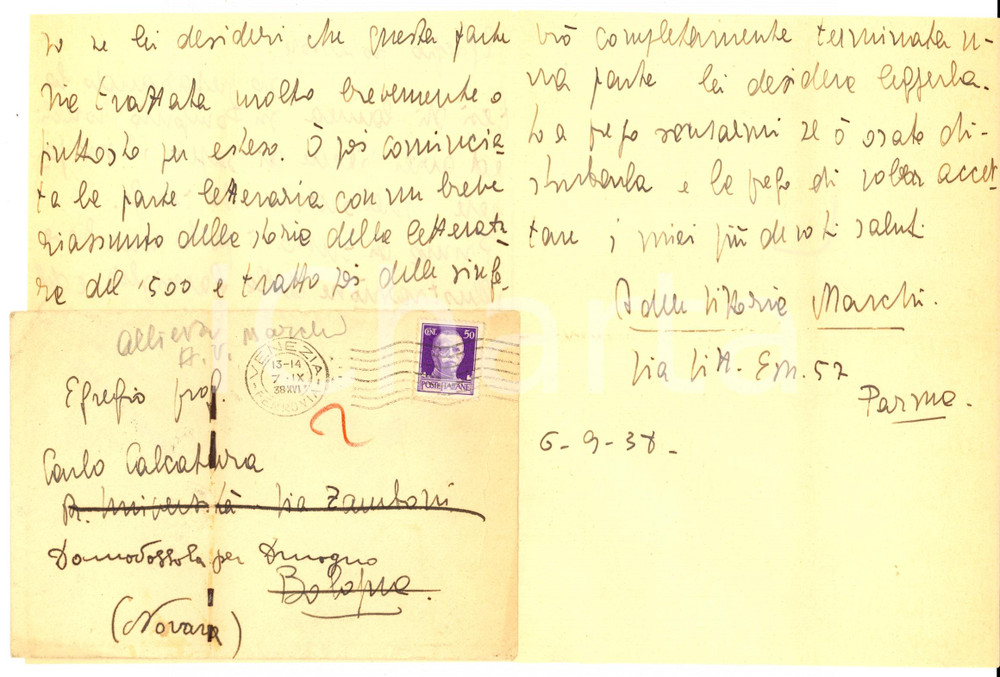 Manoscritto, lettera originale 1938 PARMA Adele Vittoria MARCHI a Carlo CALCATERRA per tesi di laurea Lettera 1