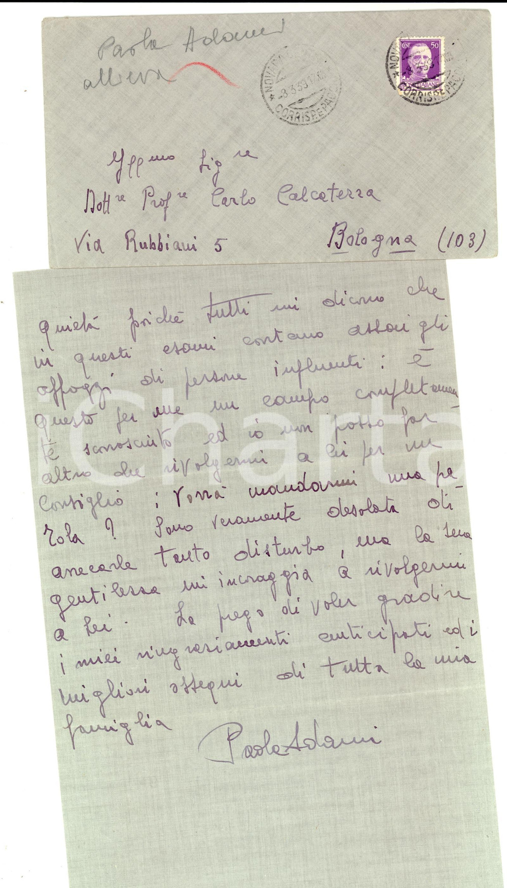 Manoscritto, lettera originale 1939 NOVARA Allieva Paola ADAMI a Carlo CALCATERRA per raccomandazione Lettera 1