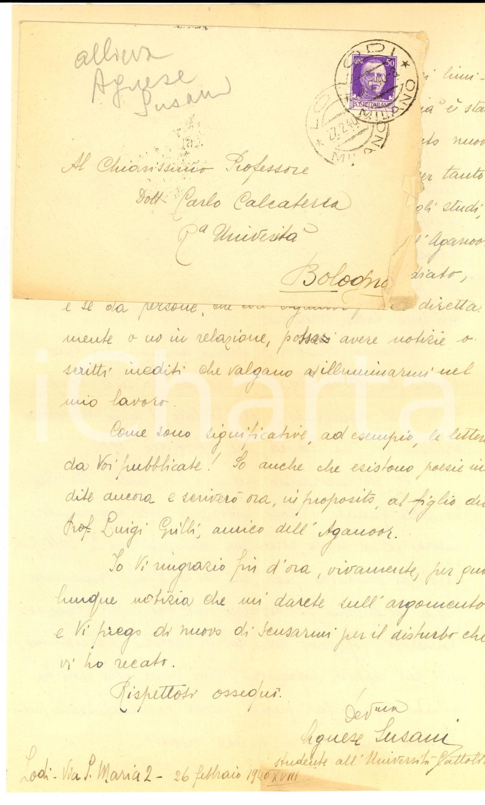 Manoscritto, lettera originale 1940 LODI Agnese SUSANI a Carlo CALCATERRA per tesi su Vittoria AGANOOR 1