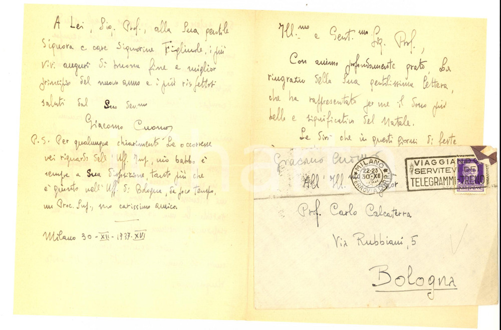 Manoscritto, lettera originale 1937 MILANO Allievo Giacomo CUOMO a Carlo CALCATERRA dopo la laurea Lettera 1