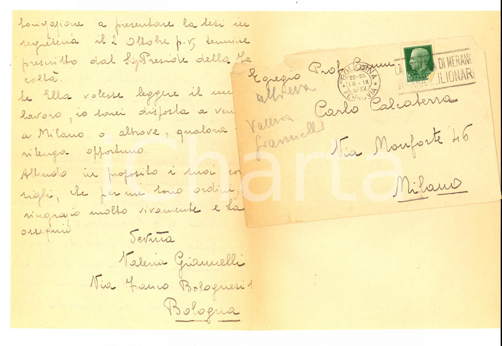 Manoscritto, lettera originale 1937 BOLOGNA Allieva Valeria GIANNELLI a Carlo CALCATERRA per tesi Lettera 1