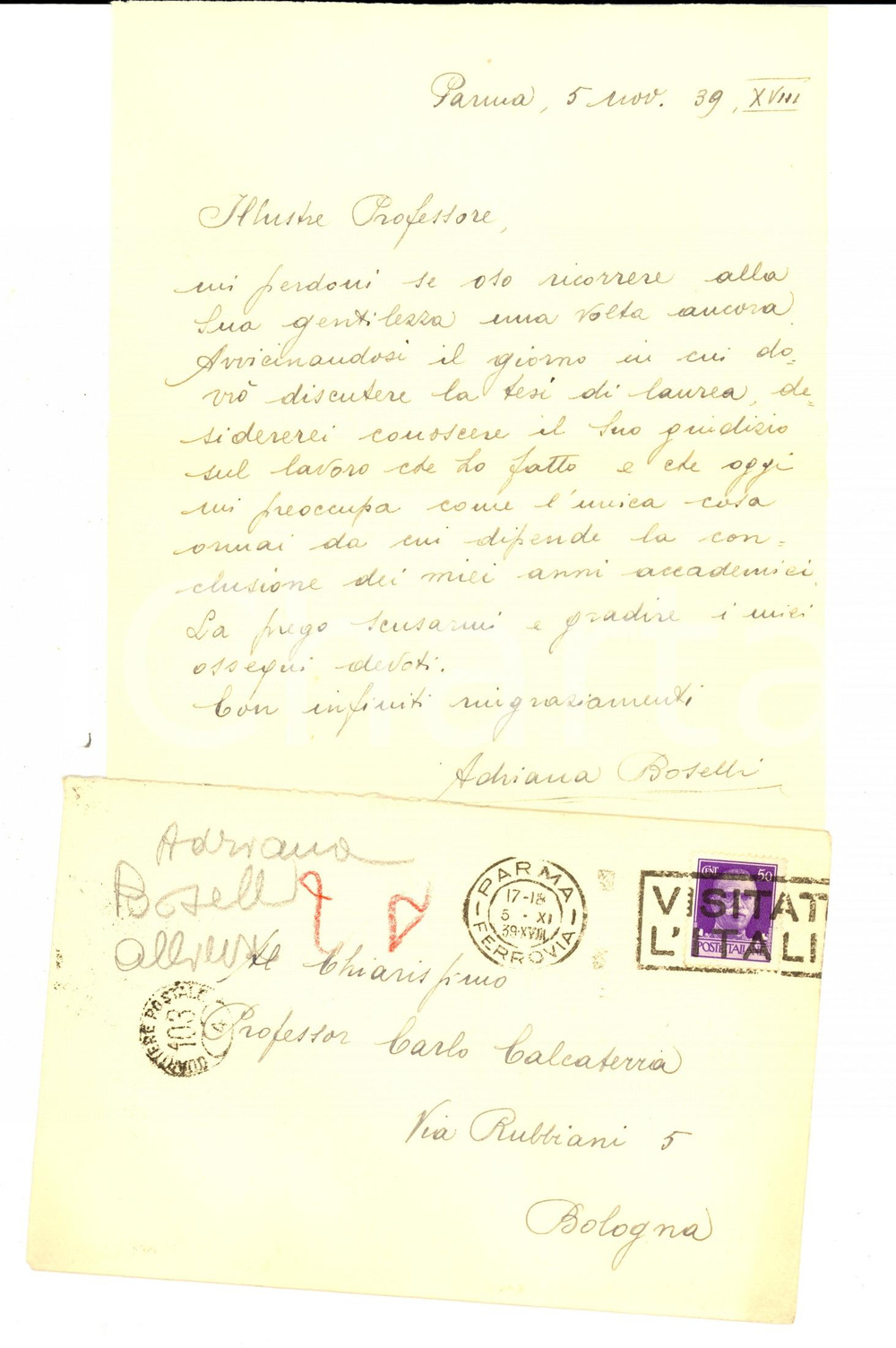 Manoscritto, lettera originale 1939 PARMA Lettera Adriana BOSELLI al prof. Carlo CALCATERRA per tesi di laurea 1