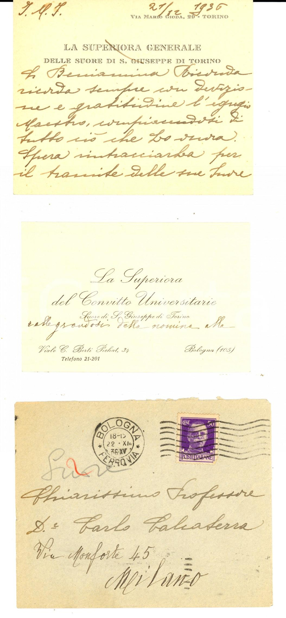 Autografo originale 1936 TORINO Suor Beniamina di SAN GIUSEPPE al prof. CALCATERRA Autografo 1